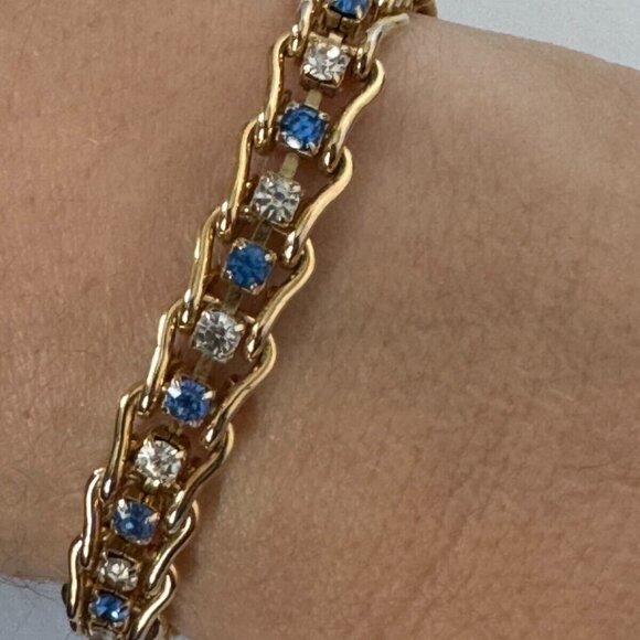 Blue White Rhinestones Tennis Bracelet Gold-Tone Fashion Jewelry - Picture 8 of 10